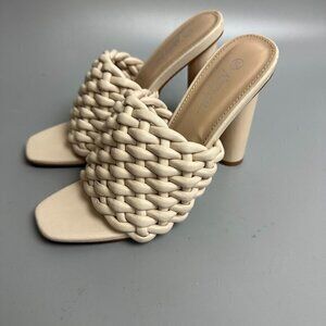 Nasty Gal Faux Vegan leather woven block heel open‎ toe cream beige women 5/38